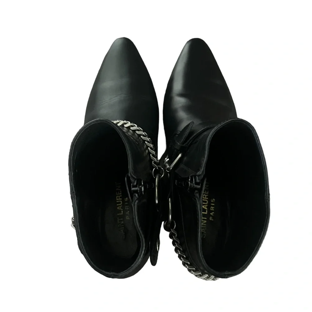 Saint Laurent Black Leather Western Chain Ankle Boots - Picture 10 of 16